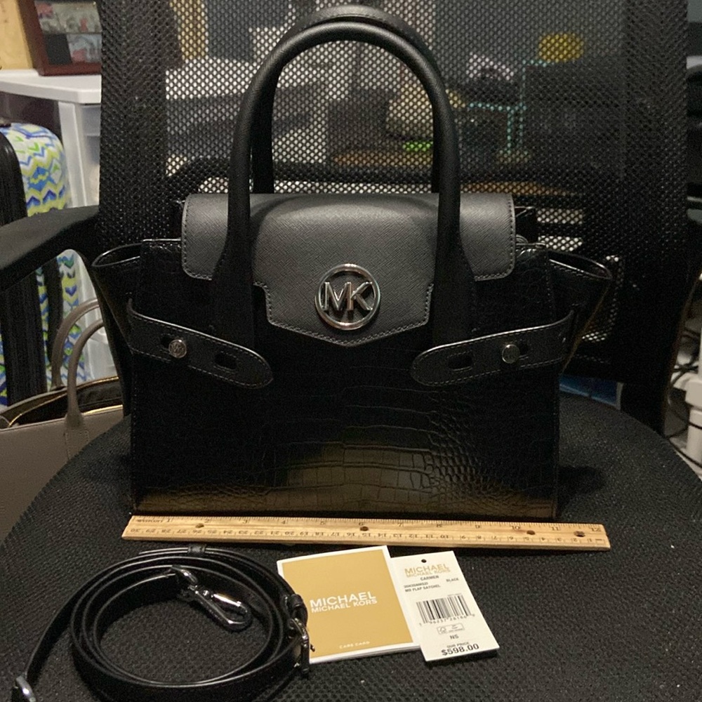 Michael Kors Carmen Medium Flap Crocodile Embossed Belted Satchel